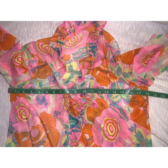 ROMANTIC RUFFLED ART DECO WING SLEEVE 1970s Vintage Dressing ROBE S / M - Picture 10 of 12